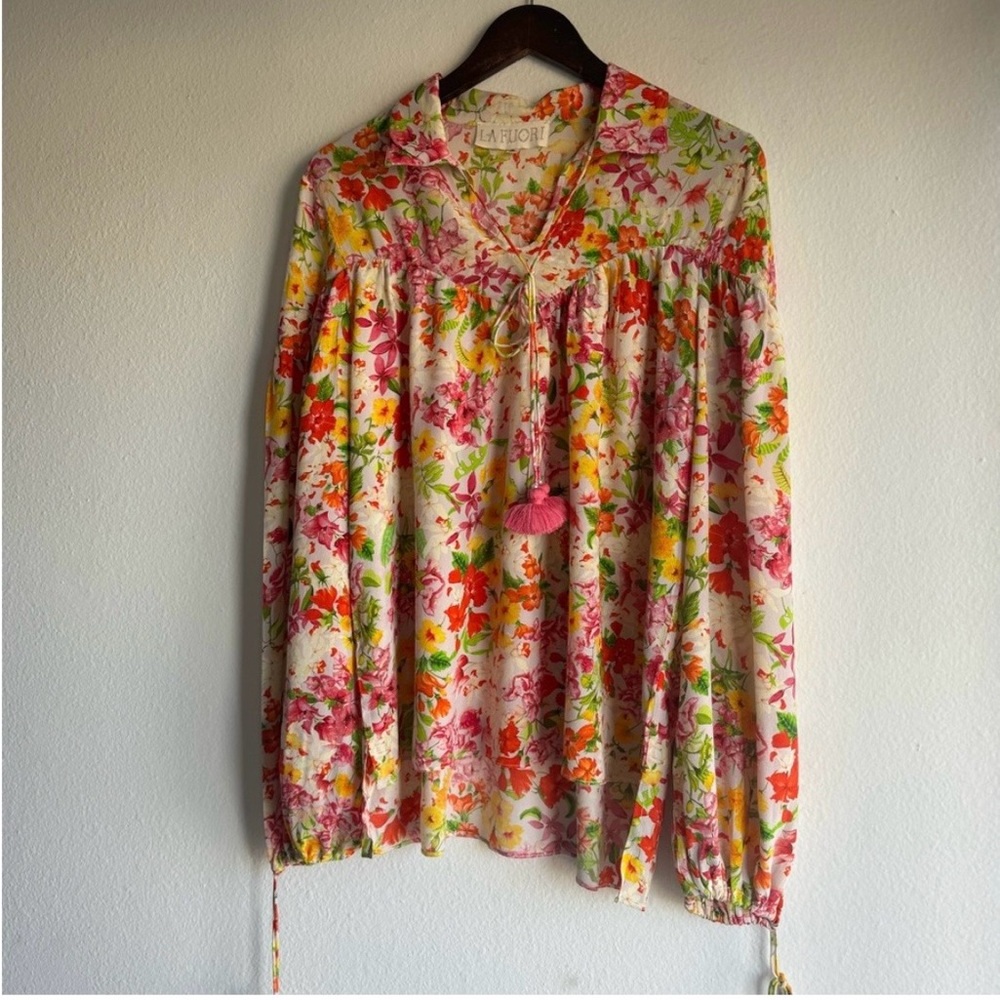 Vibrant Floral Blouse with Tassel Detail